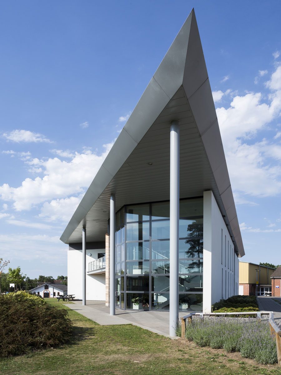 St Peter's Sixth Form Centre: Double-height glazed facade and floating roof